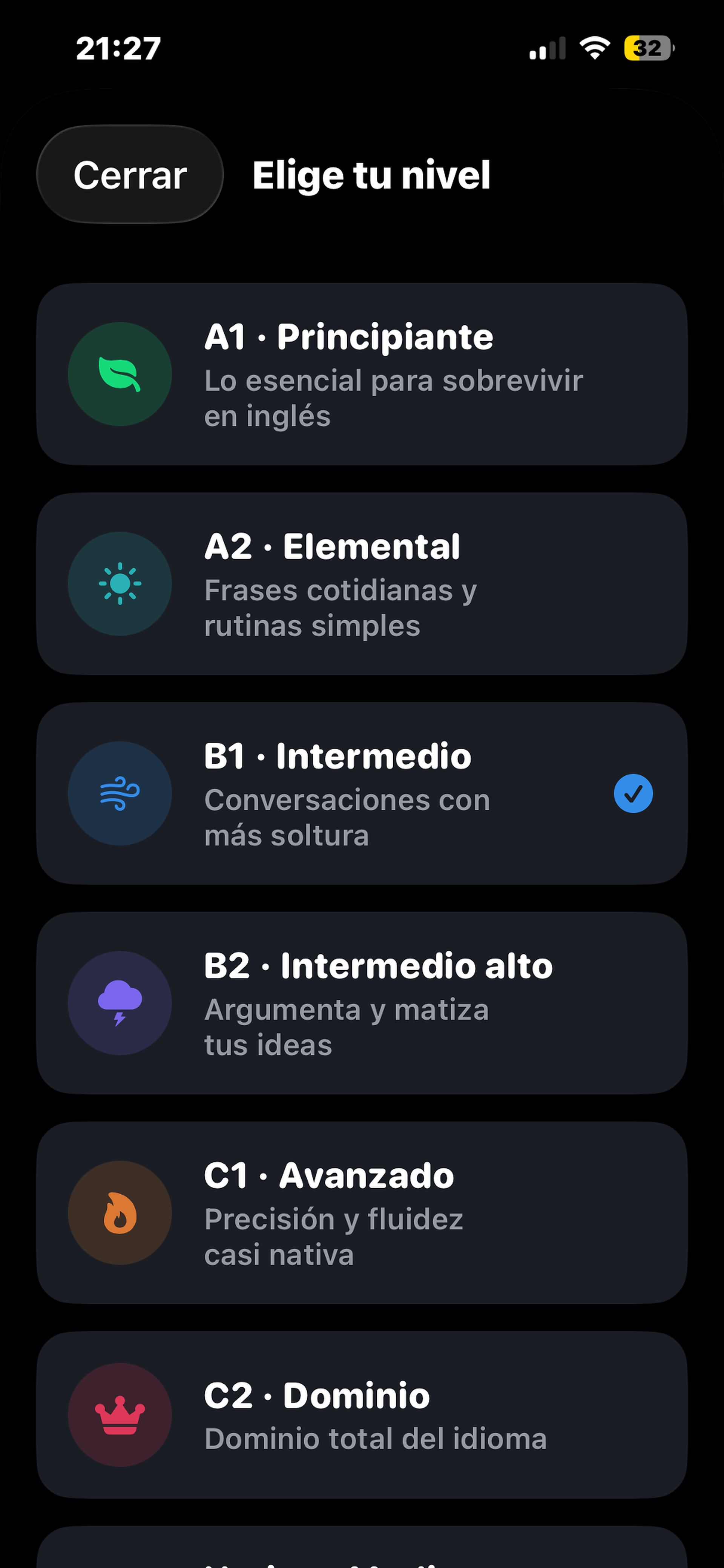 Pantalla "Elige tu nivel" de Biwe English